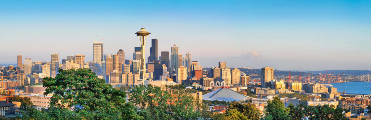 Seattle skyline panorama at sunset, Washington, USA