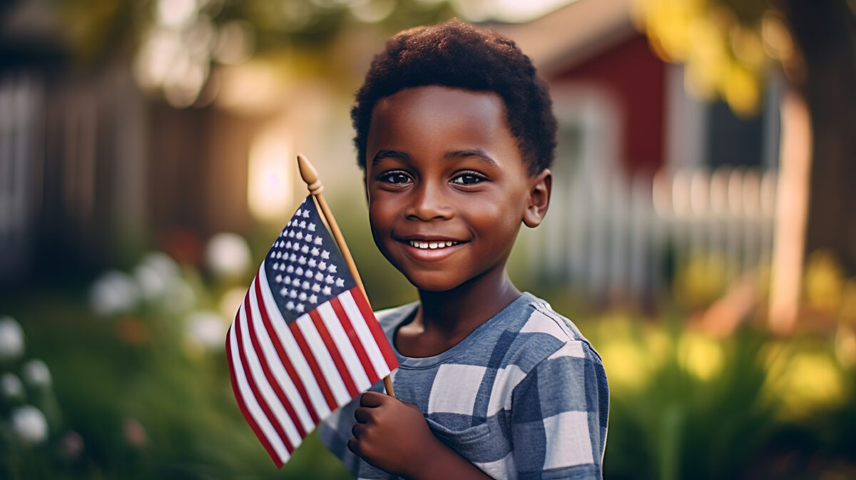 Happy boy celebrating independence day holding american flag.Created with Generative AI technology.