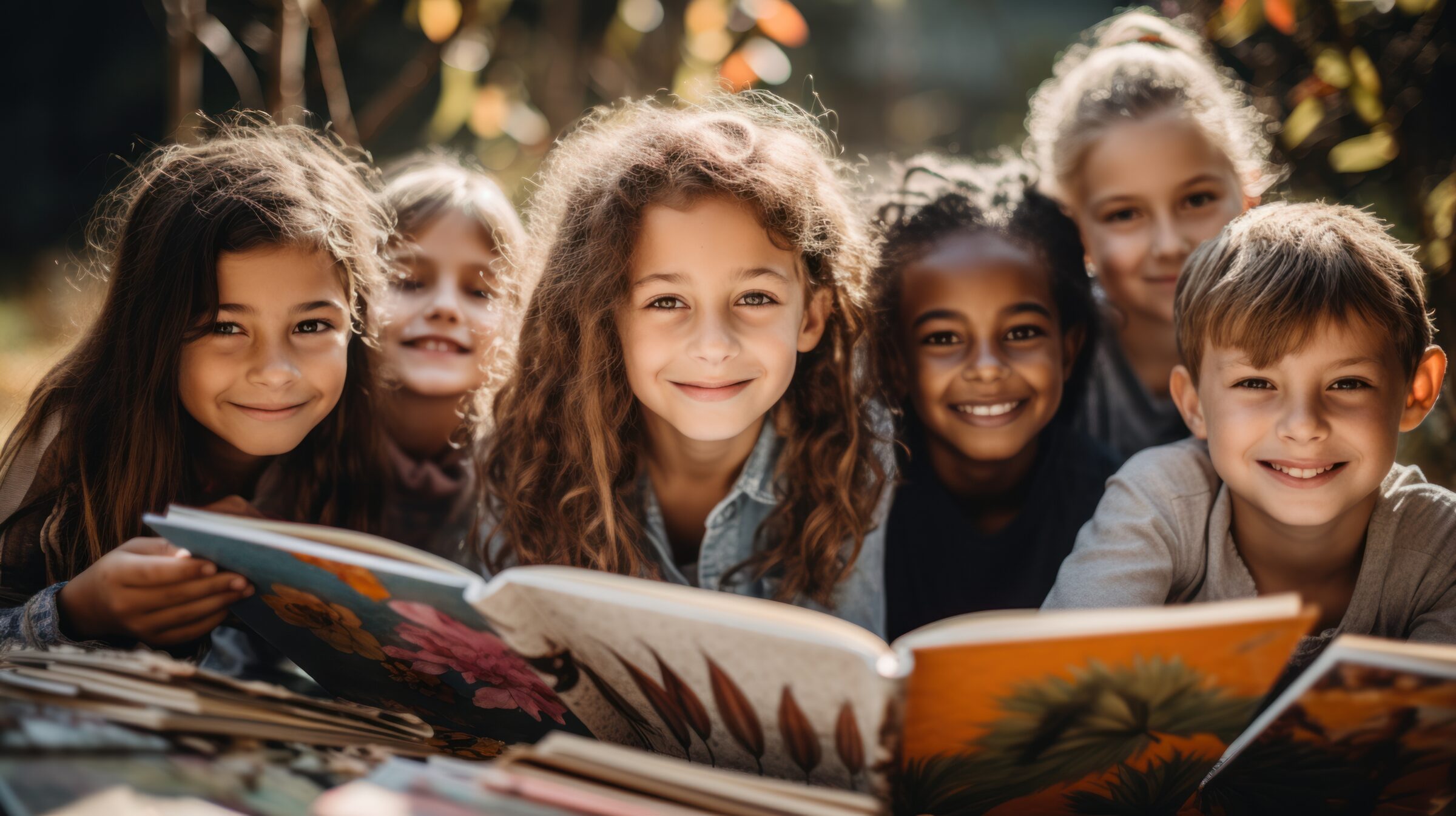 Children, books, and hanging out in the park with friends. Learning or diversity in reading at the school playground. Children, study or education
