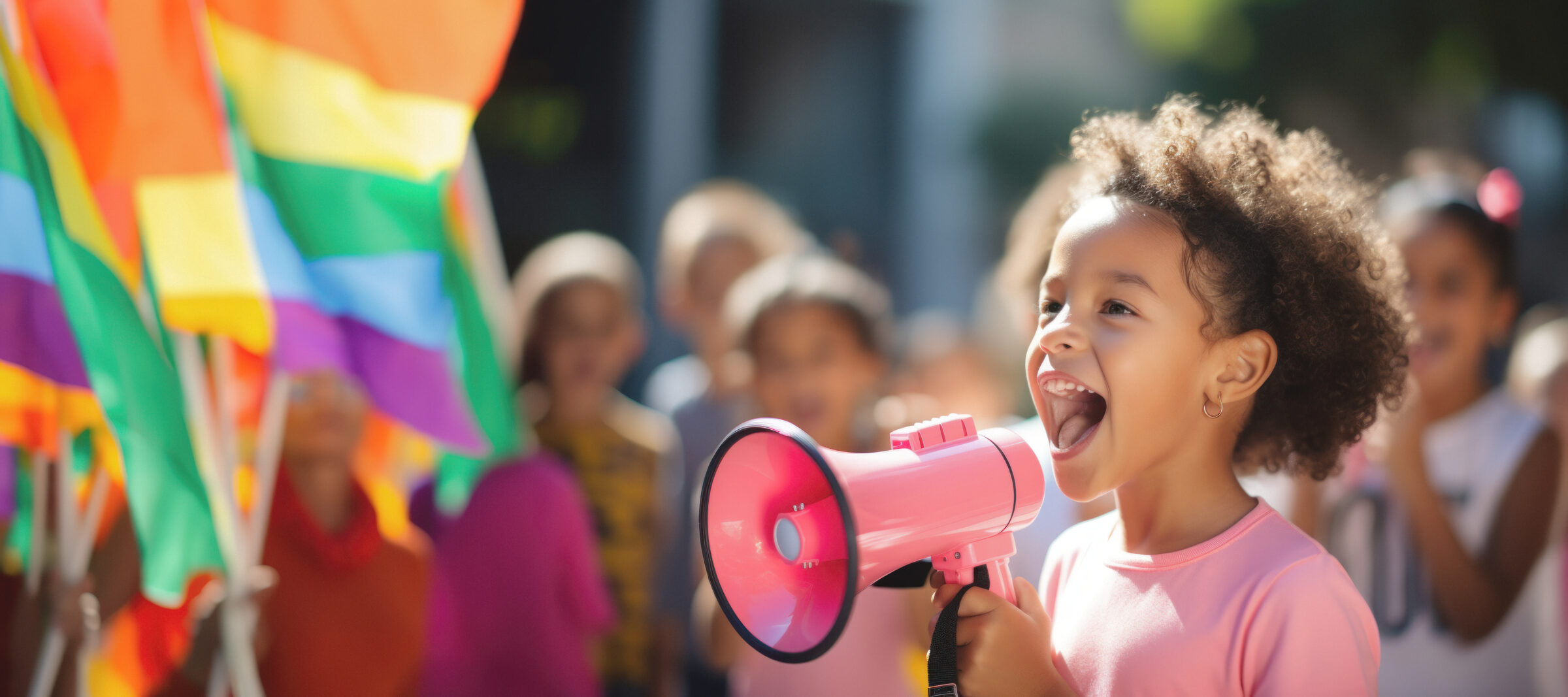 A children’s protest in which a girl speaks through a megaphone giving a message of non-violence at a demonstration for peace and the eradication of conflicts,copy space