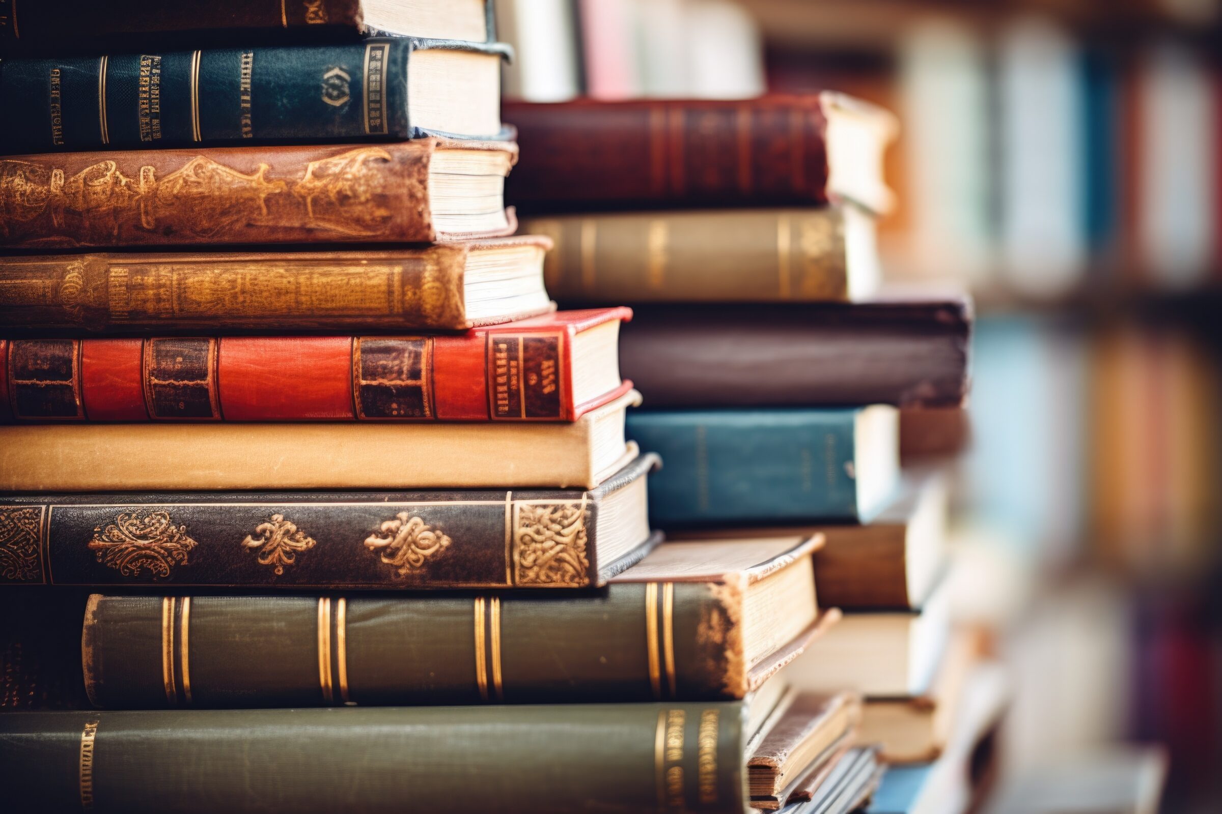 abstract colorful background stack of books in library