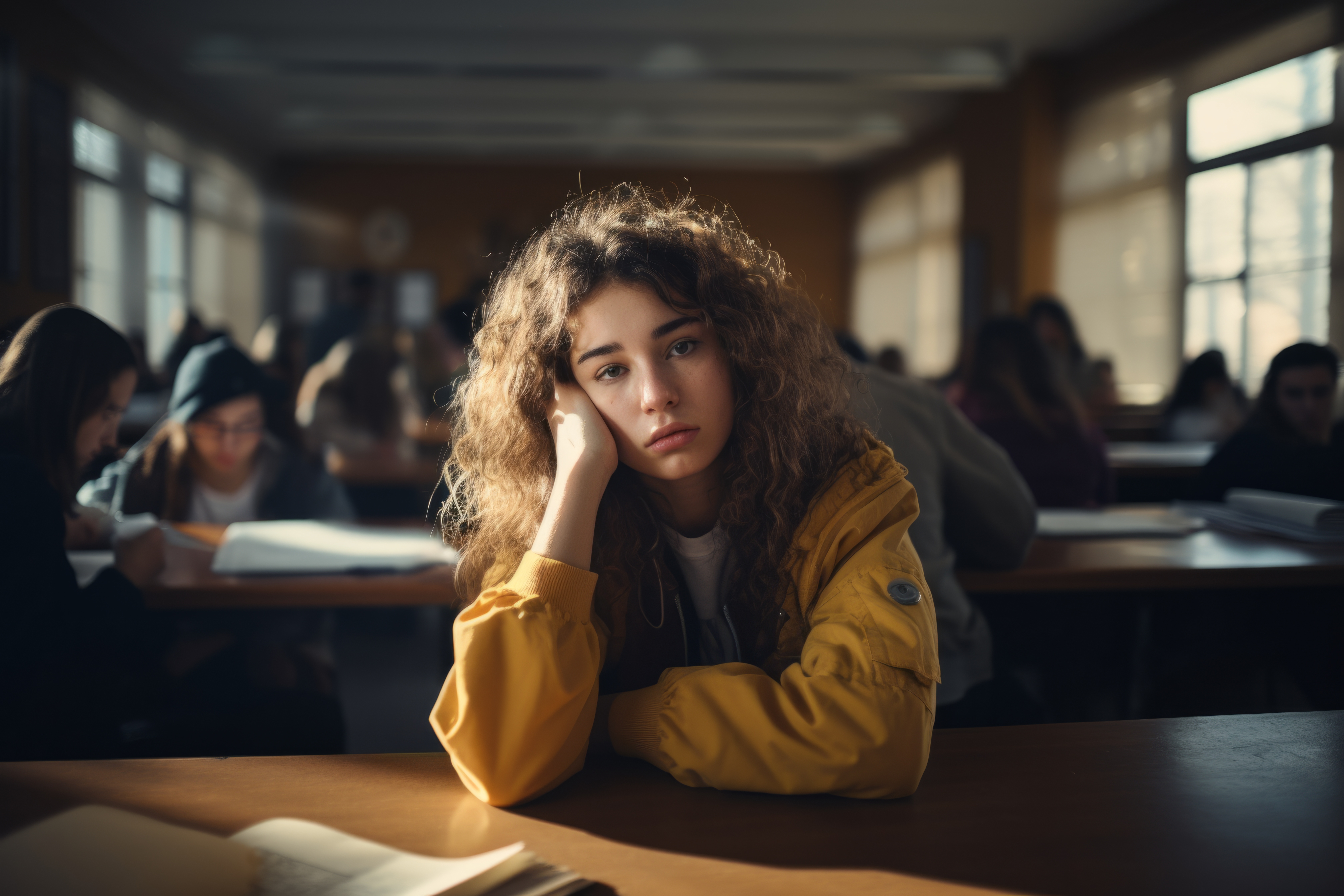 Female student bored sleepy Caucasian woman tired sad stressed girl in class teen pupil teenager lady in university high school college classroom during lesson boredom lecture education study learning