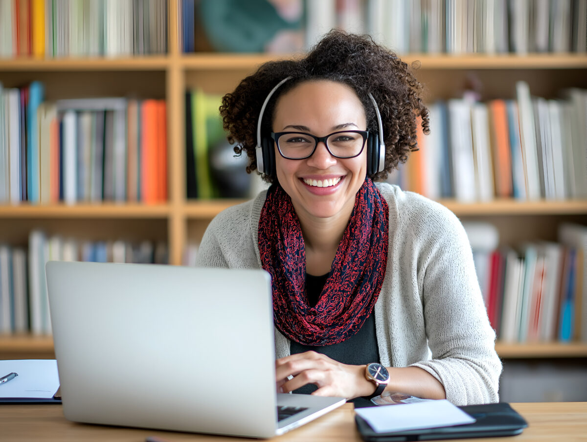 Online tutor, working on a laptop with headphones on, engaged in remote teaching or learning session