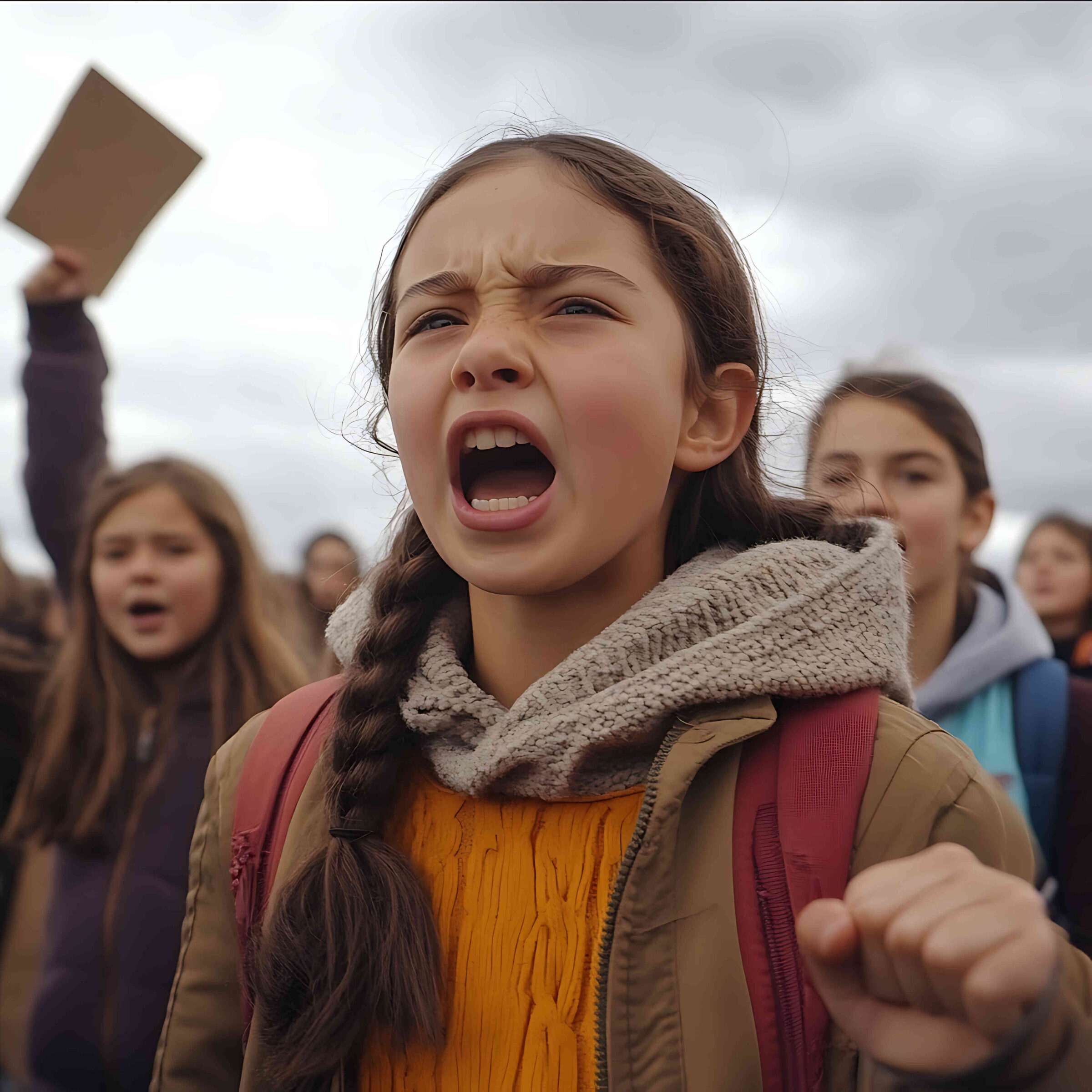 a group of diverse middle school students at a climate change protest cinematic