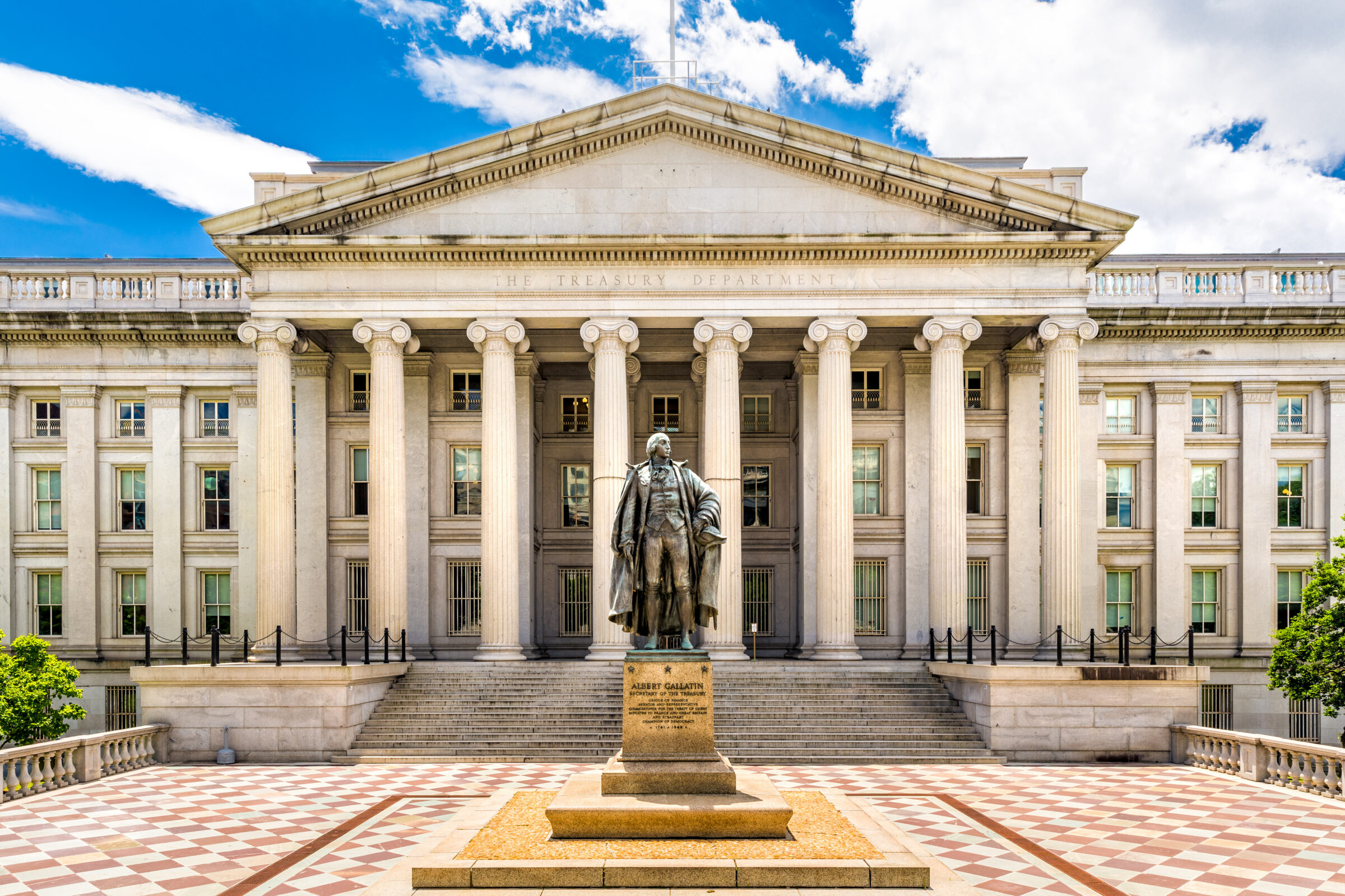 The Treasury Building in Washington D.C. This public building is a National Historic Landmark and the headquarters of the US Department of the Treasury