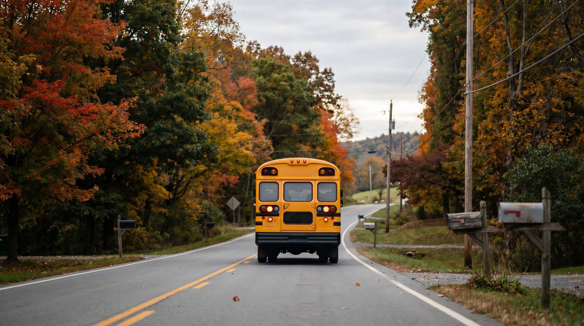 Yellow school bus driving on rural road through autumn trees, student transportation and back to school commute.