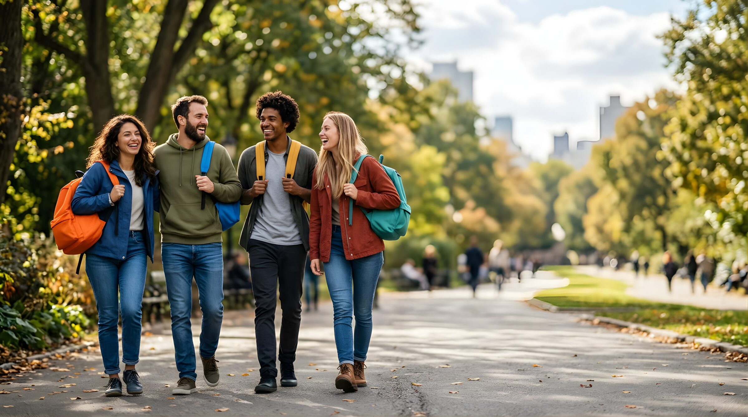 Four diverse college friends walking and laughing together in a sunny park
