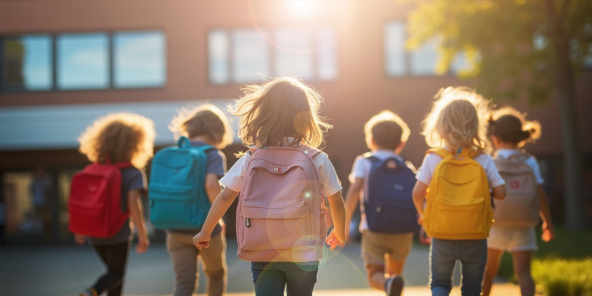 Educational background. Back to school concept with a group of children walking happily on a backpack walking to the school building in the sun