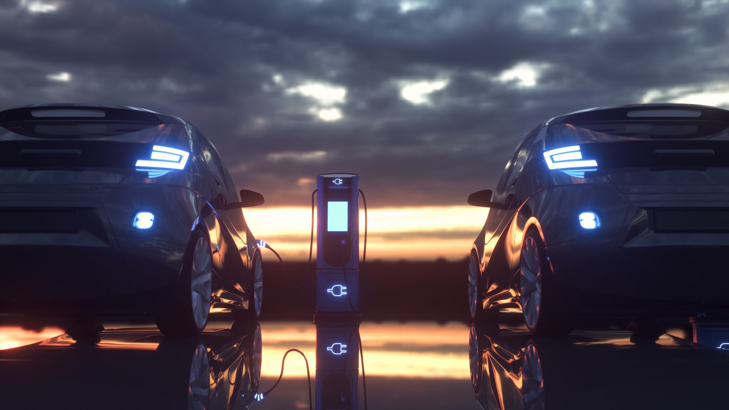 Electric cars charging at a charging station. 3d rendering