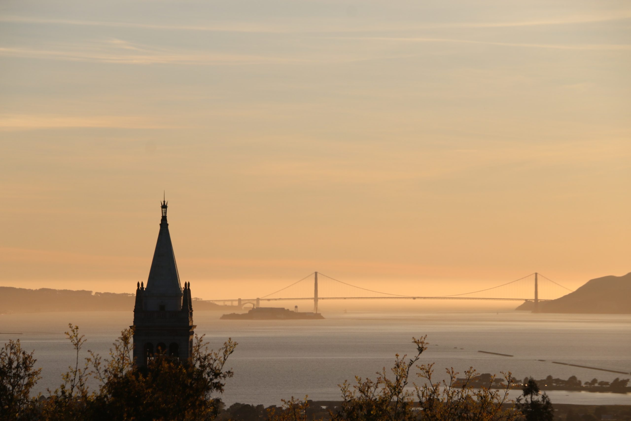 Sather Tower at Berkely overlooking Golden Gate Bridge